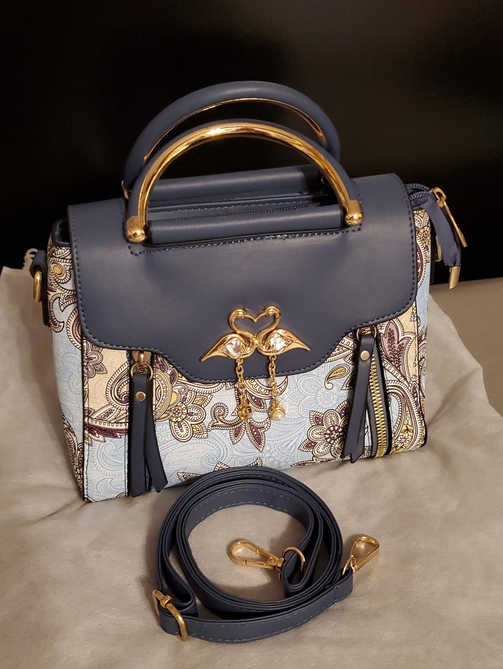 Structured Floral Satchel Handbag in Blue